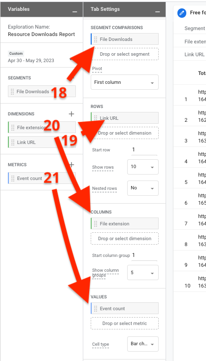 eDrag Segments, Dimensions, and Metrics to right column
