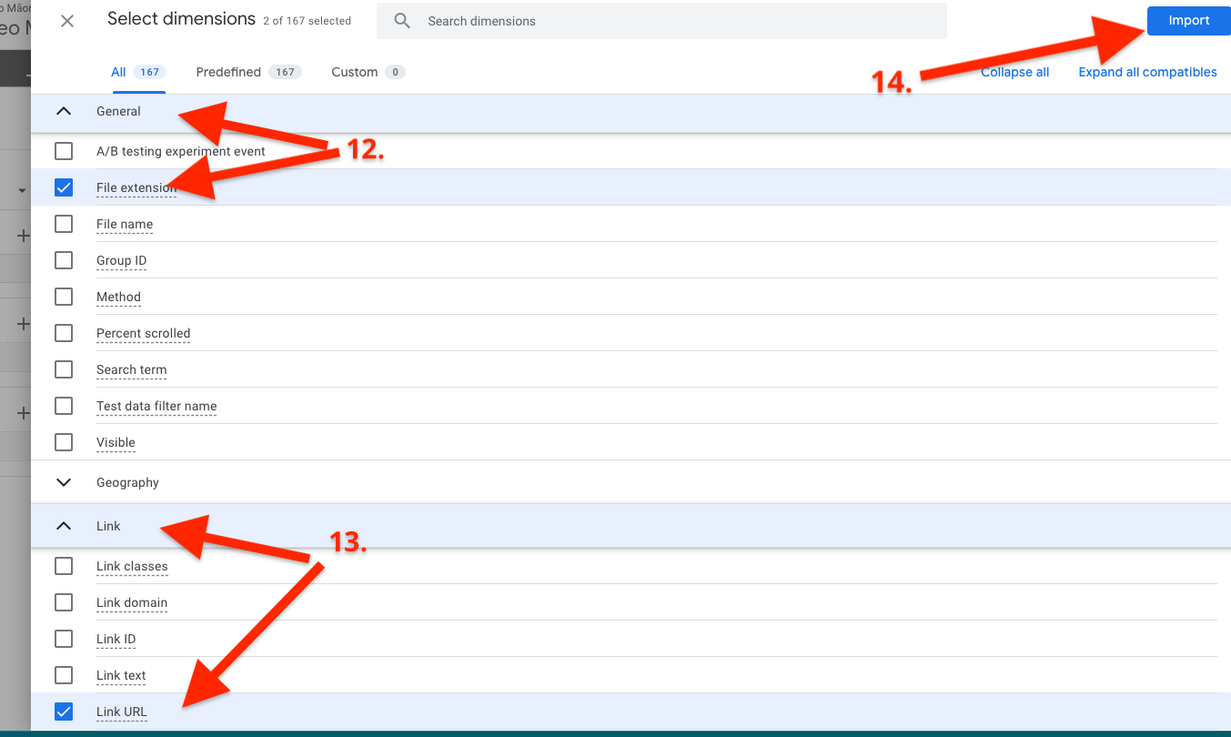 Expand General and select 'file extension - select Link' then 'link URL' then Import