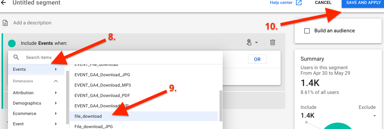 click Events then file_download then Save and Apply