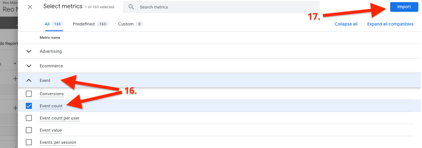 expand Event then select 'Event Count' then IMPORT