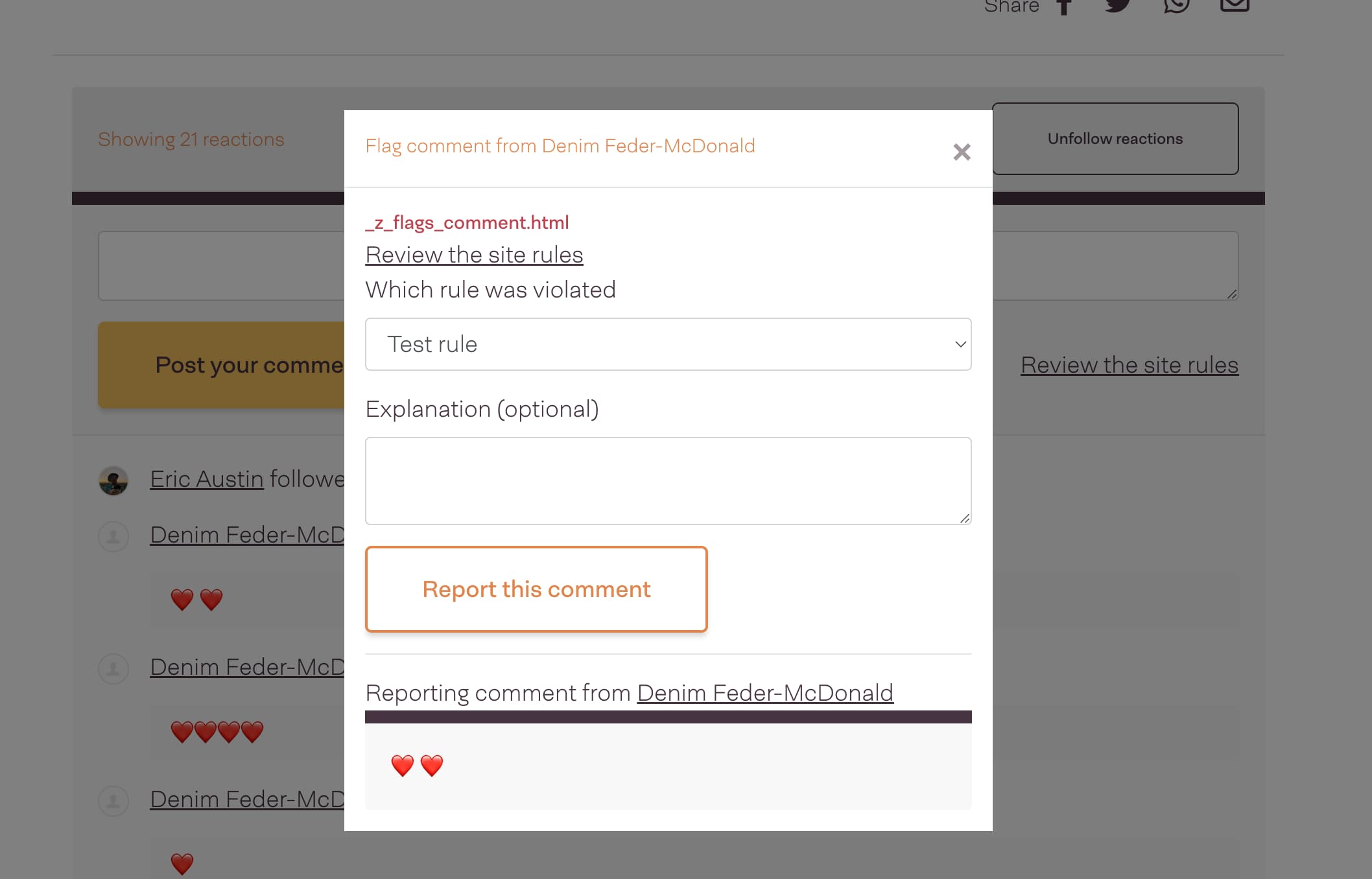 NationBuilder's built-in flagging modal allows users to report rule violations clearly.